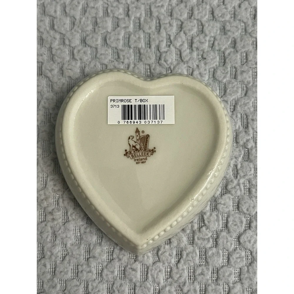 BELLEEK Primrose Heart Shaped Trinket Box Shamrock Yellow Rose Porcelain Jewelry